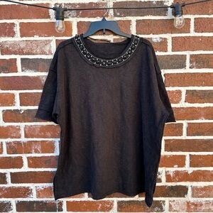 Free People Small Black Short Sleeve oversized Tee with Embellished Collar